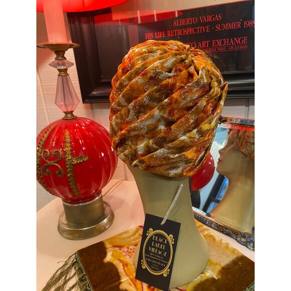 vintage 1960s orange and gold brocade turban 60s hat gathered metallic mod retro - Picture 4 of 7